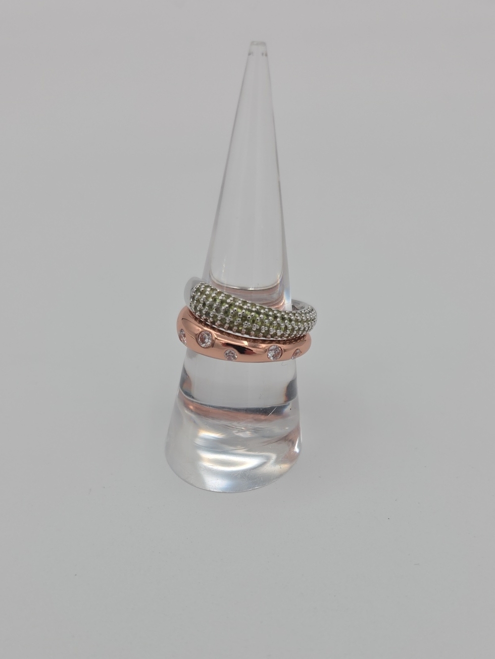 August- Peridot & Diamond CZ w/ Rhodium & Rose Gold Double Bands